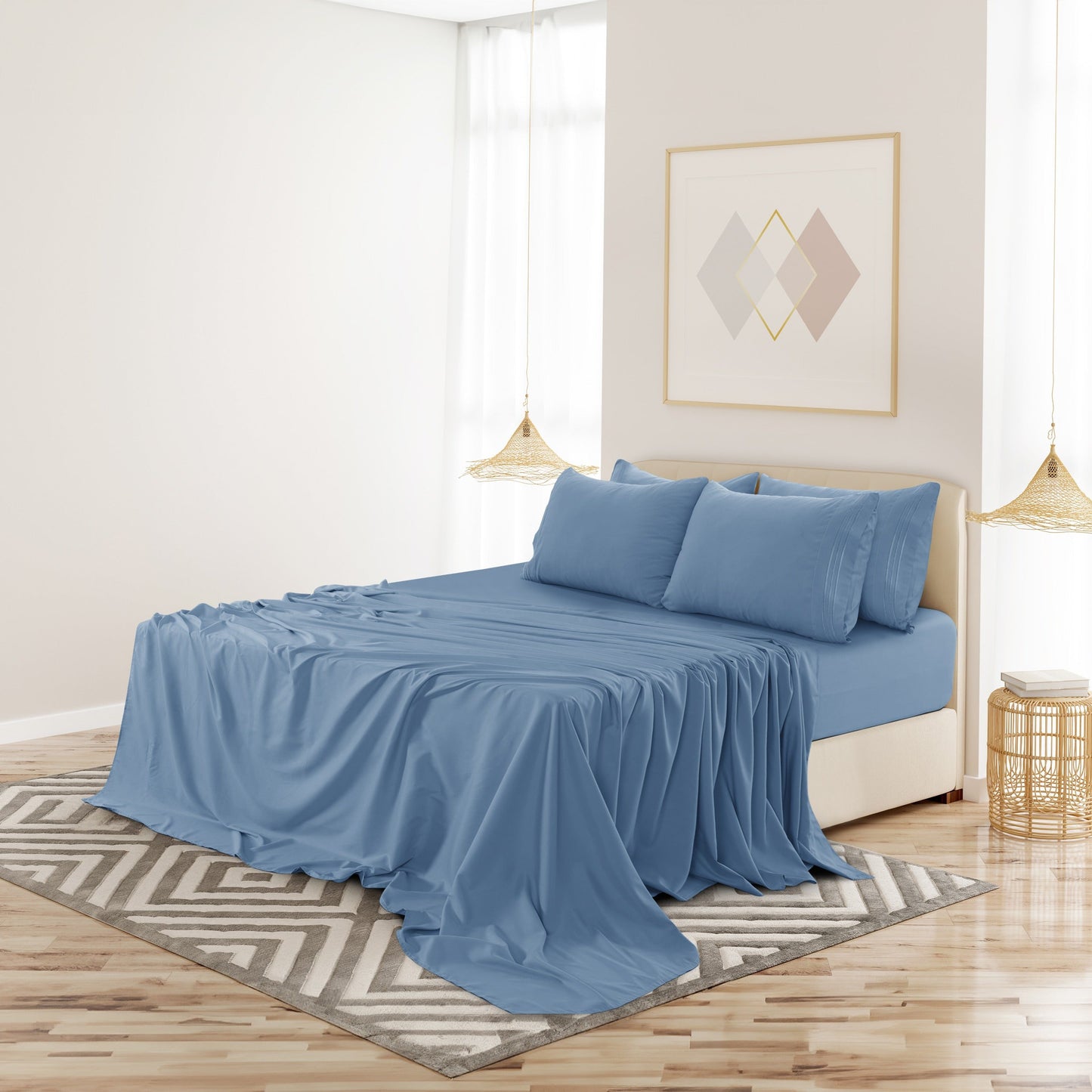 Fitted Sheet Set 6-Piece Brushed Polyester Deep Pocket Bed Sheets 20 Colors Hotel Luxury Bedding with Embroidered Pillowcases