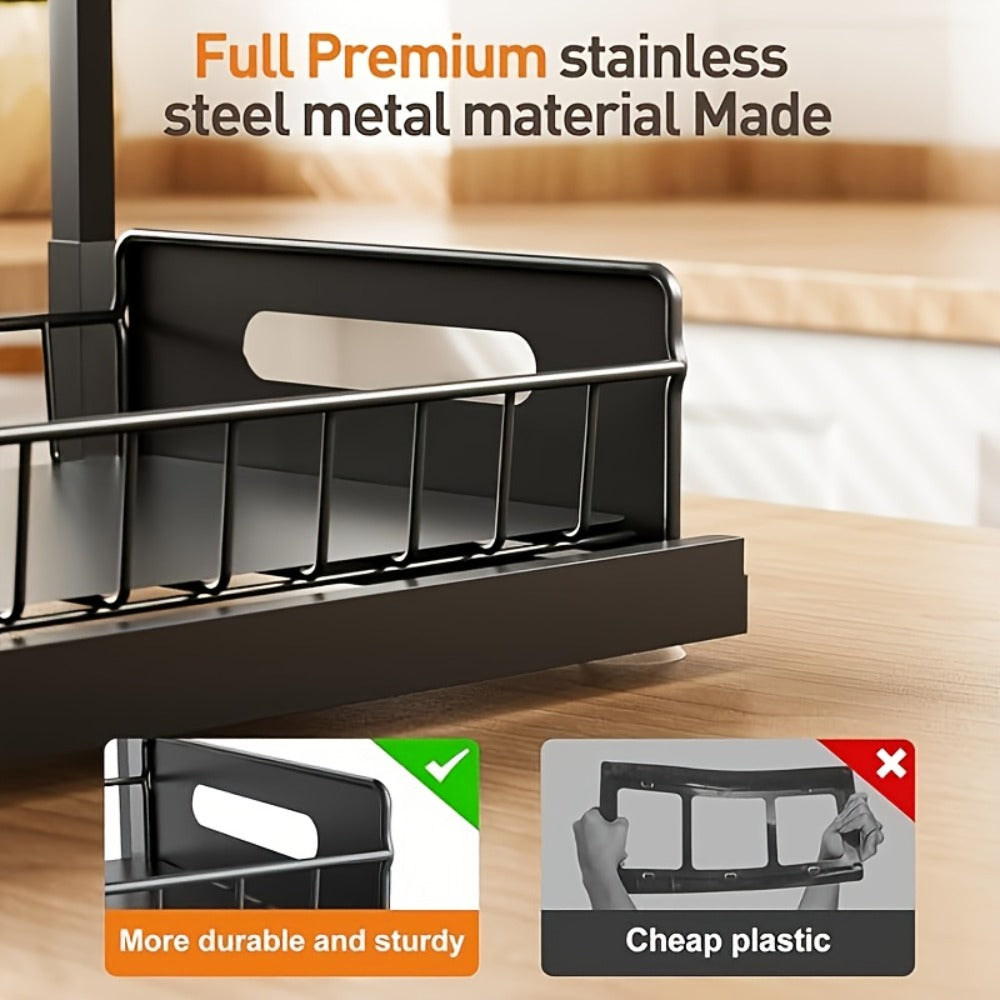 Under Sink Storage Organizer 2-Tier Sliding Metal Shelf in 1-Pack or 2-Pack, Black, White or Gray