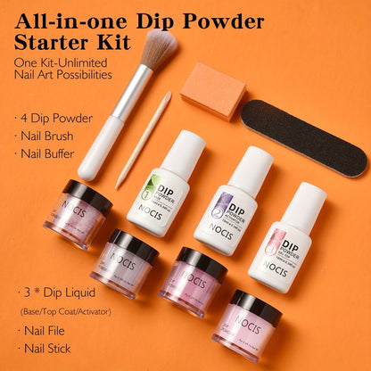 Dip Powder Nail Kit with NOCIS Label, Four Nude Pink Glitter Powders, Three 10ml Liquids and Four Tools