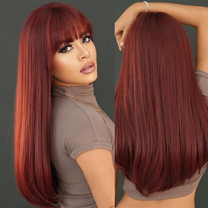 Long Straight Wig with Bangs Burgundy Wine Red 28 Inch Synthetic Heat Resistant Lightweight for Women Daily Wear Holiday Party Cosplay