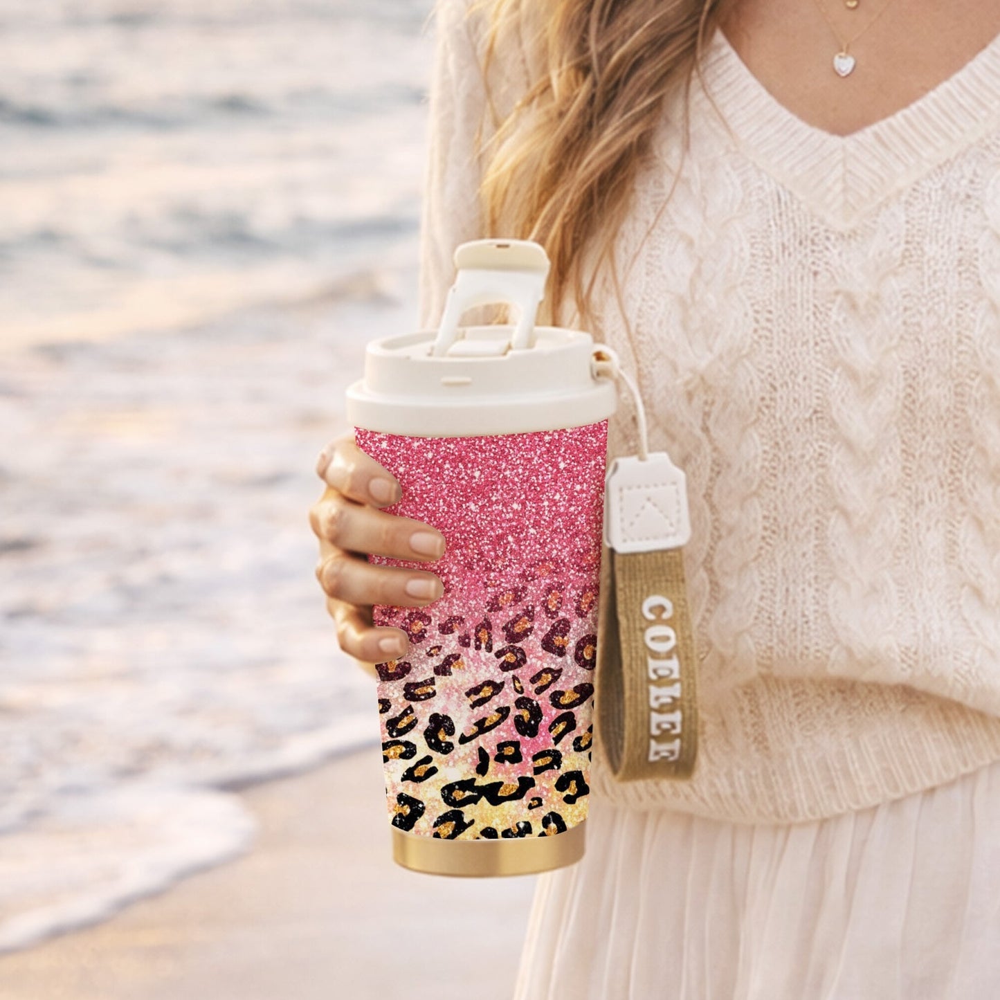 Glitter Leopard Print 18oz Stainless Steel Tumbler with Fold-Down Straw Lid and Carry Strap