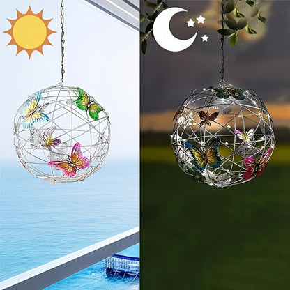 Solar Butterfly Lantern Outdoor Metal Iron Hanging Solar Light, Auto On at Dusk, White & Color Light