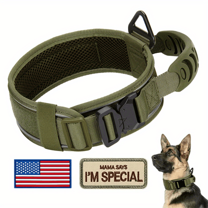 Wide Tactical Dog Collar with Padded Grab Handle, Reflective Stitching, Two Patches and M–XL Sizing