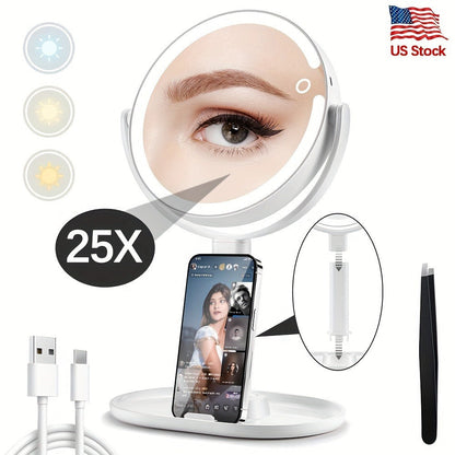 Makeup Mirror with Lights, 8-Inch Dual-Sided 1X and 25X with 80 LEDs, Three Light Colors, Touch Control and USB-C Charging
