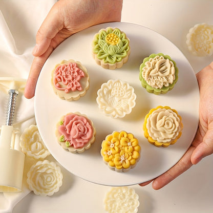 Mooncake Mold 7pcs Set, 50g Hand Press Moon Cake Maker with 6 Flower Pattern Stamps, Mid-Autumn Festival Cookie Stamp Pastry Tool