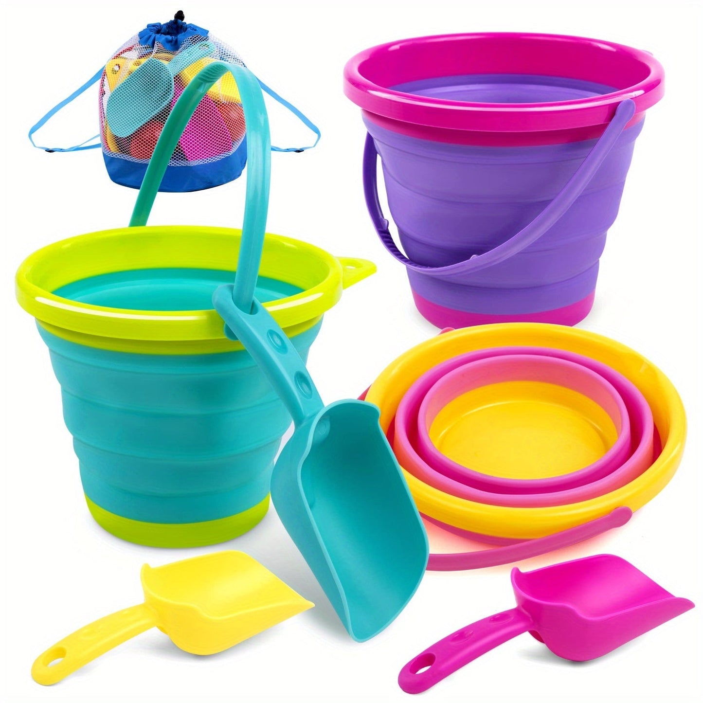 Collapsible Beach Bucket Set 3-Pack with Shovels & Mesh Backpack, Foldable Sand Pail Kit for Kids
