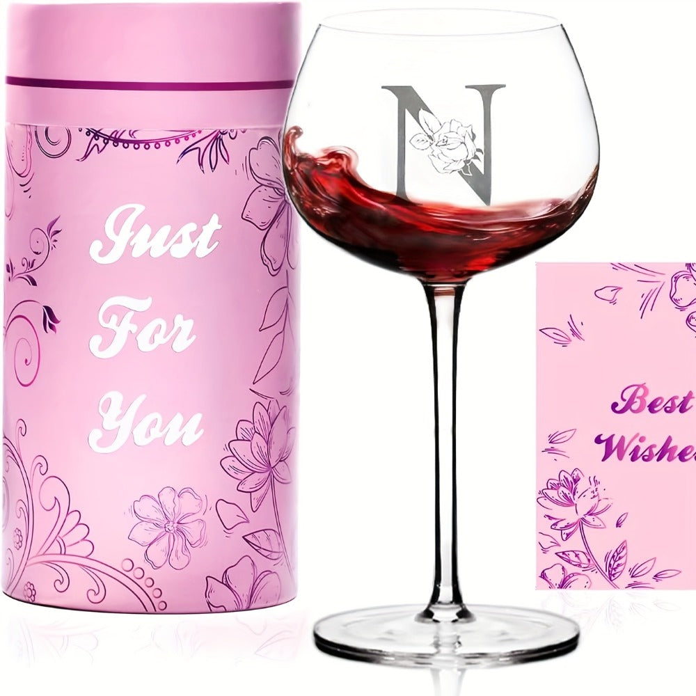 Personalized Wine Glass Gift for Women – A-Z Initial Letter Monogrammed Wine Glass with Gift Box & Greeting Card – Unique Birthday