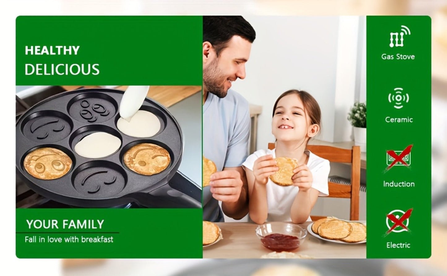 Non-Stick Pancake Pan 7-Hole Smiley Face, Fun Breakfast Egg & Bacon Frying Tray for Kids & Family