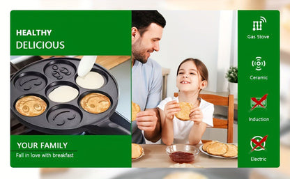 Non-Stick Pancake Pan 7-Hole Smiley Face, Fun Breakfast Egg & Bacon Frying Tray for Kids & Family