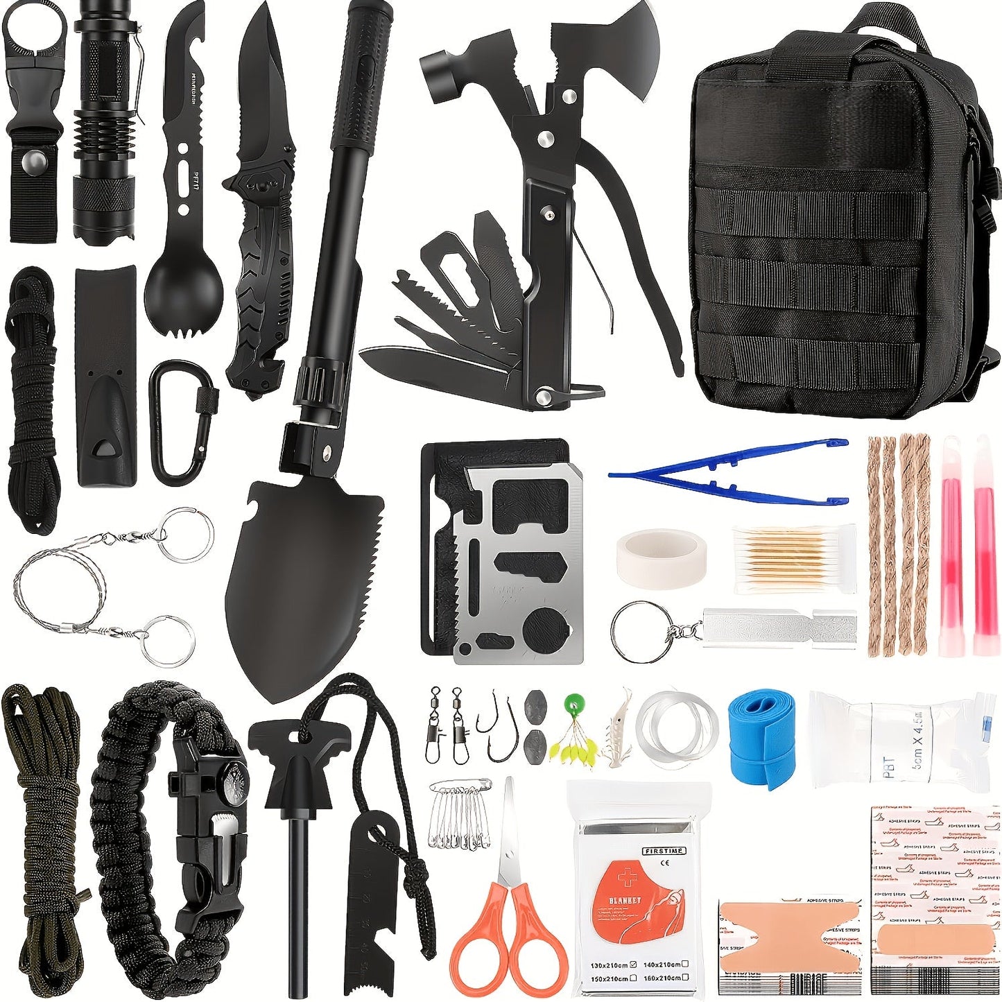 142-Piece Emergency Survival Kit with MOLLE System – Outdoor Gear Set with Axe, Folding Shovel, Knife & Lantern for Camping, Hiking