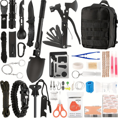 142-Piece Emergency Survival Kit with MOLLE System – Outdoor Gear Set with Axe, Folding Shovel, Knife & Lantern for Camping, Hiking