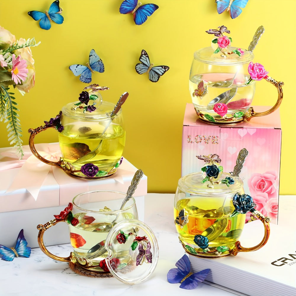 Flower Glass Tea Cups with Lids and Spoon Set of 4, Butterfly Floral Vintage Clear Glass Mugs 11oz