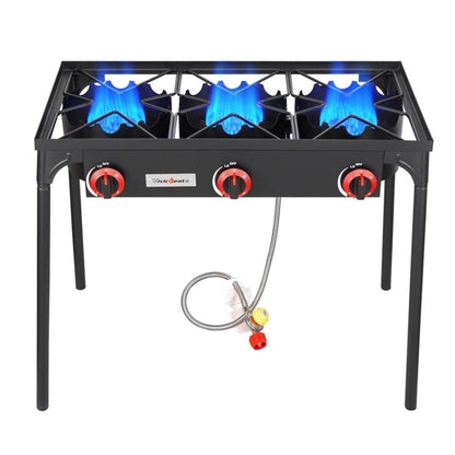 Propane Camping Stove Cast Iron 1, 2 or 3 Burner with Detachable Legs, 20 PSI High-Pressure Regulator