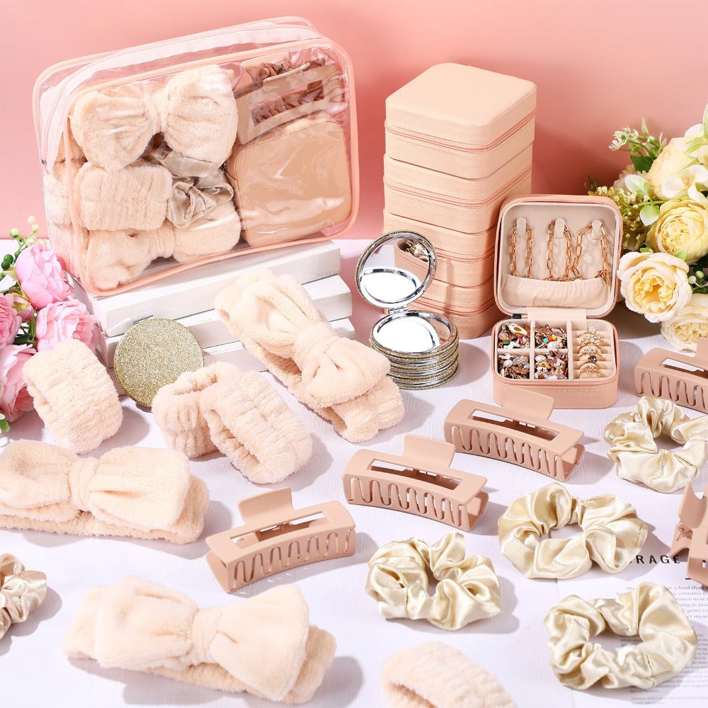 Spa Party Favors Set 48pcs for Women – Sleepover Party Supplies with Headband, Wristband, Scrunchies, Hair Clip, Jewelry Case