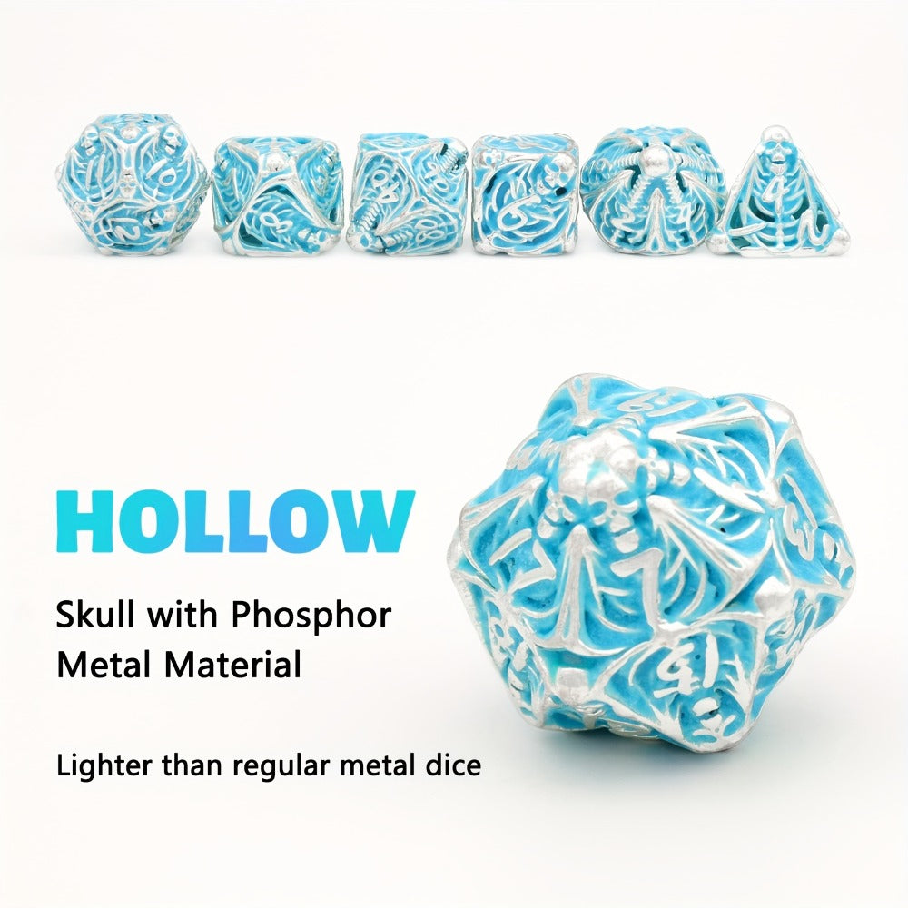 Metal Skull Dice Set 7pcs Glow in the Dark, Hollow UV Fluorescent Polyhedral DnD RPG Dice for Dungeon Masters