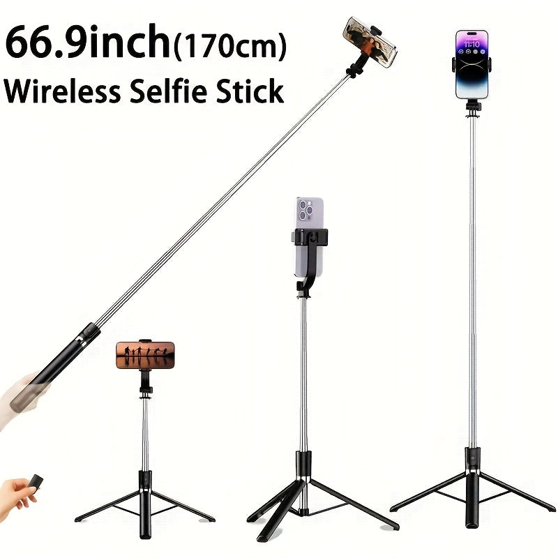 66.9-Inch Selfie Stick Tripod with Telescoping Silver Pole, Wide Black Floor Base and Remote