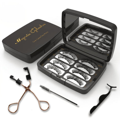 Eight-Piece Double-Strip Magnetic False Eyelash Set with Black Case, Applicator and Tweezers