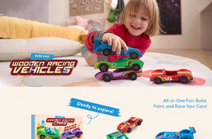 DIY Wooden Race Cars 4pcs Build & Paint Kit for Kids Ages 8+, 44 Pre-Cut Pieces 12 Colors Racing Stickers
