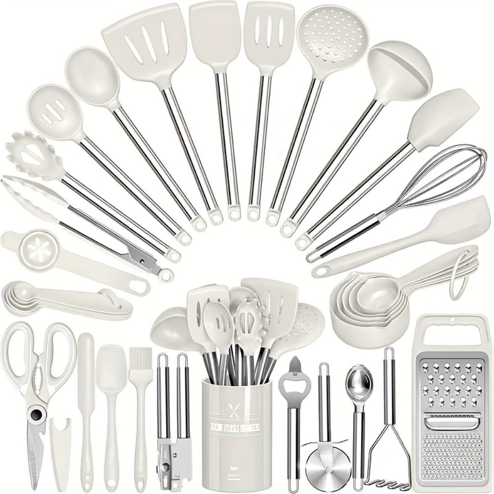 Kitchen Utensils 34-Piece Silicone and Stainless Steel Handle Set with Holder in Four Colors