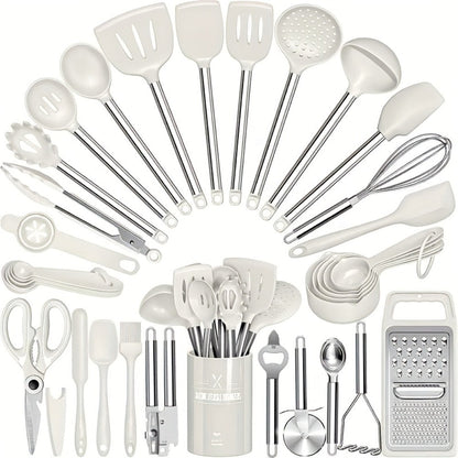 Kitchen Utensils 34-Piece Silicone and Stainless Steel Handle Set with Holder in Four Colors