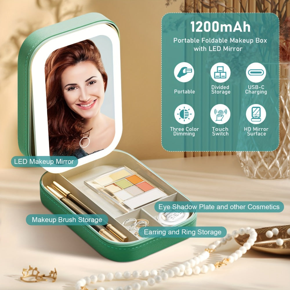 Lighted Makeup Case with LED Mirror & Cosmetic Organizer – 1200mAh Rechargeable USB Travel, for Makeup, Travel and Everyday Vanity Use