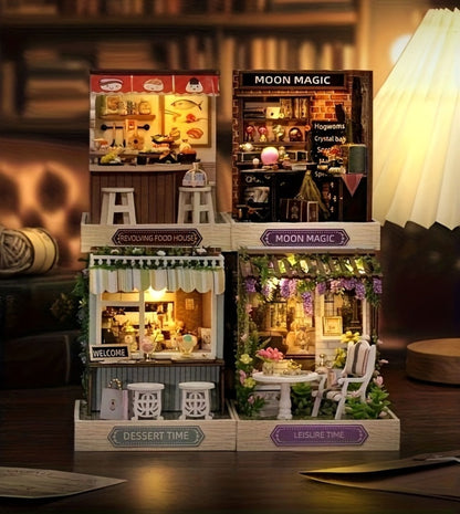 DIY Wooden Tiny House Kit with Dust Cover, Handmade Miniature Dollhouse Puzzle, 3 Themes Afternoon Tea Rotating Food House Moon Magic