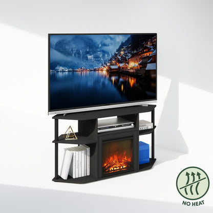 Corner TV Stand with Electric Fireplace, 55" Entertainment Center with Open Storage Shelves & Decorative Plastic Poles