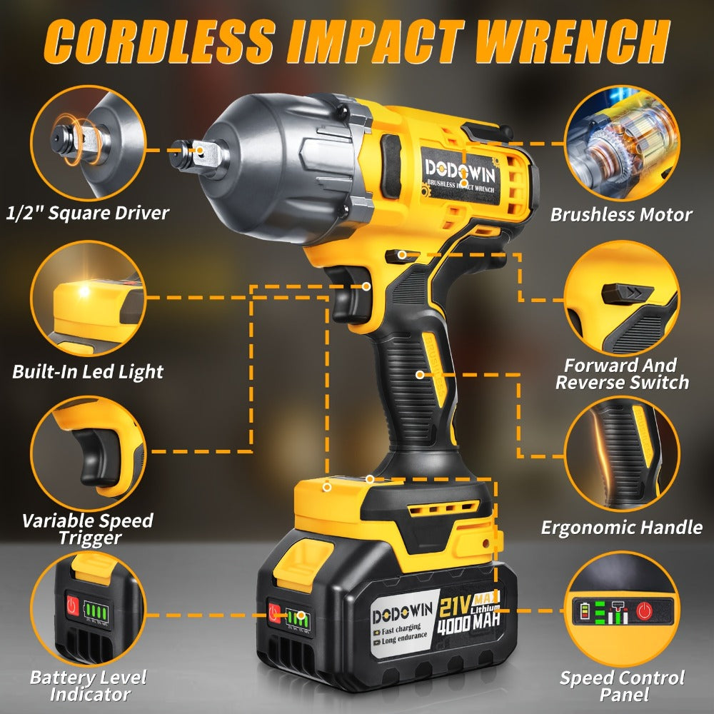 High Torque Impact Wrench Kit 320NM / 1000NM Brushless Cordless, 21V with 2.0AH / 4.0AH Batteries