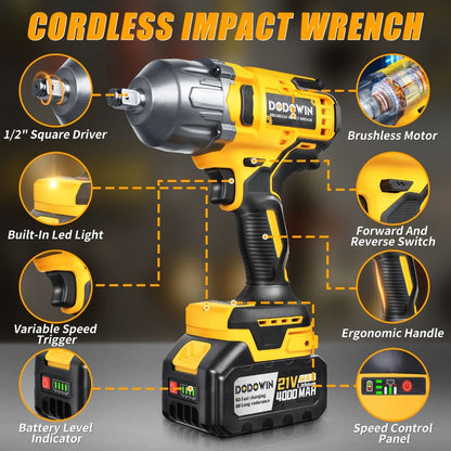 High Torque Impact Wrench Kit 320NM / 1000NM Brushless Cordless, 21V with 2.0AH / 4.0AH Batteries