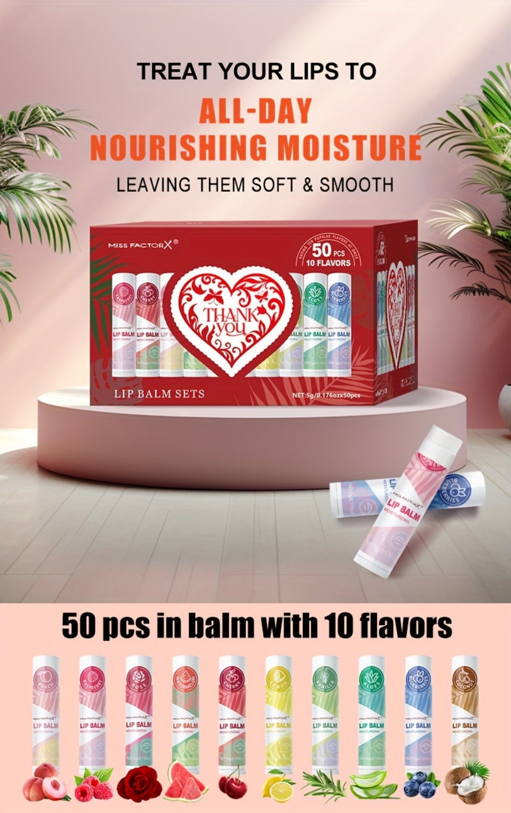 Fruit Flavored Lip Gloss Set 50 Pieces – Moisturizing Lip Balm Kit in 10 Colors, Hydrating Lip Care for Dry & Cracked Lips, Day & Night Use