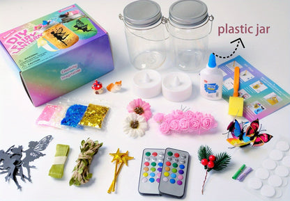 Fairy Mason Jar Lantern Craft Kit for Two Lights with Color-Changing LED Candles and Remote Control