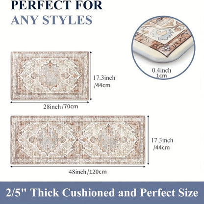 Kitchen Mat Set, 2-Piece Boho Distressed Cushioned Rugs in Five Color Patterns with 17.3x28 and 17.3x48-Inch Sizes