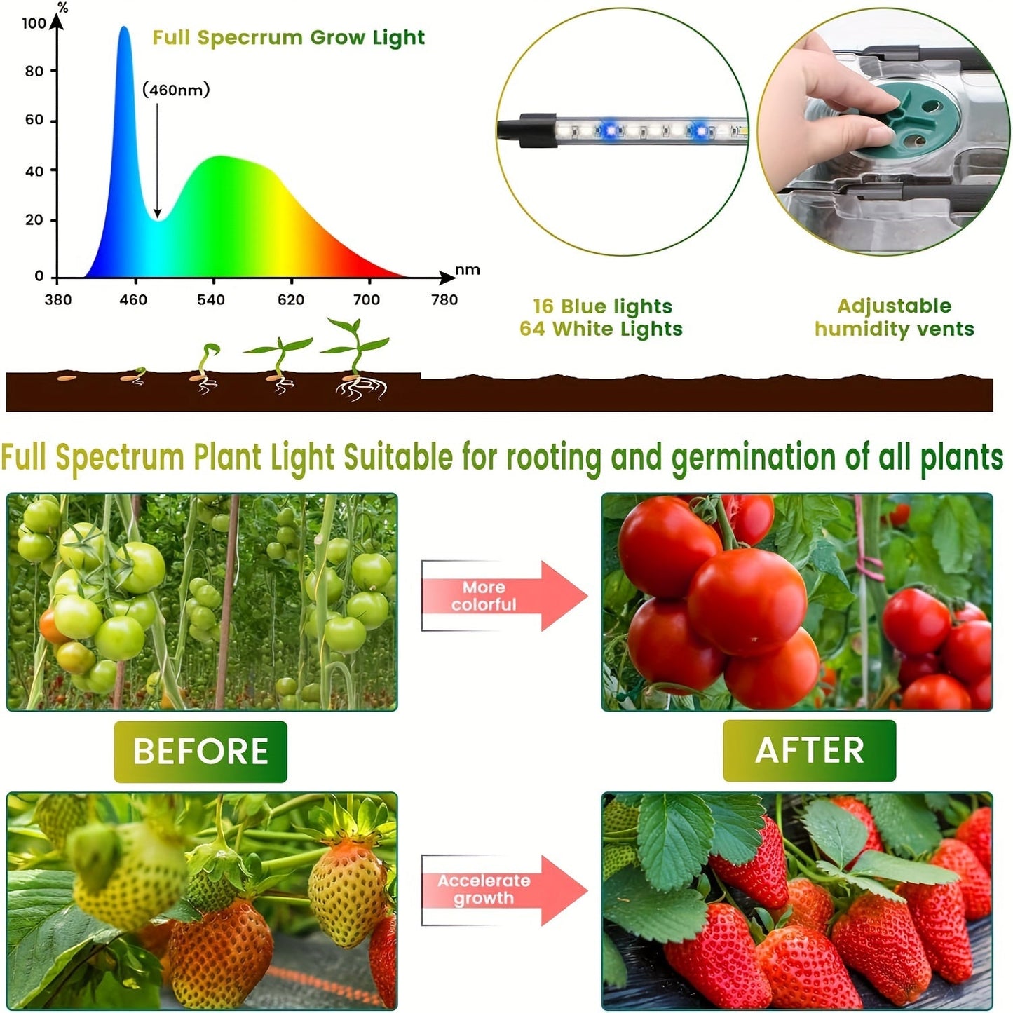 Seed Starting Tray Kit 4-Set 160 Cells High Dome | 8 LED Grow Lights Smart Timer 3 Modes 5 Brightness | Indoor Greenhouse Germination