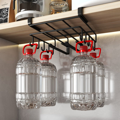 Under Cabinet Organizer Rack with Hooks, Carbon Steel Kitchen Shelf for Utensils, Towels, Cups & Cutting Boards