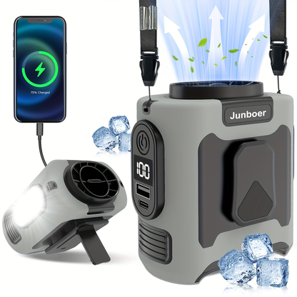 Portable Fan 10000mAh Five-Speed Waist and Neck Model with Dual Clips, LED Flashlight and Power Output