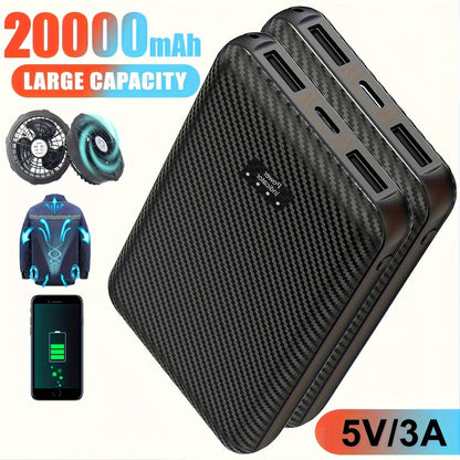 Power Bank 20000mAh 5V/3A for Fan Vests with USB-C Input/Output and USB-A 5V/2A Port for Cooling Garments
