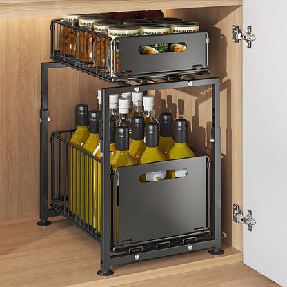 2-Tier Pull Out Cabinet Organizer No Drill Slide Out Shelf Kitchen Pantry Storage Roll Out Drawer Black