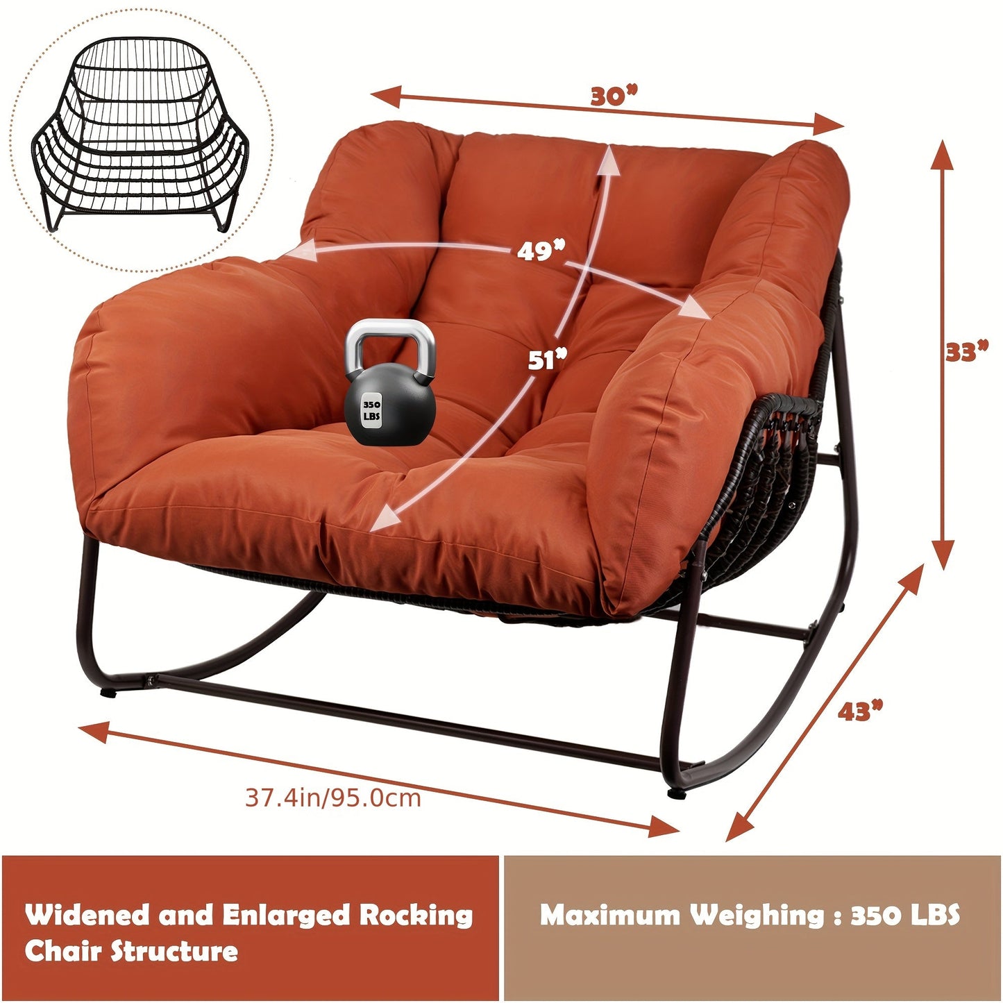 Papasan Rocking Chair Outdoor Wicker Egg Chair with Cushion & Pillow, Large Patio Rocker for Garden
