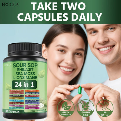 Soursop Graviola Supplement Capsules 24-in-1 with Sea Moss, Shilajit, Lion’s Mane, Vitamin D3, Black Seed Oil