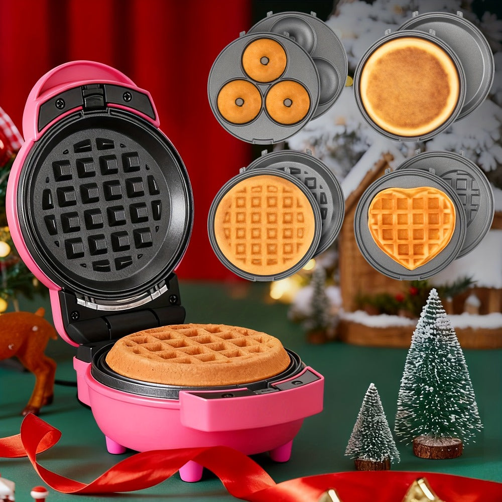 Compact Four-in-One Waffle Maker with Removable Round Plates in Graphite, Red or Blue Checkout Colors