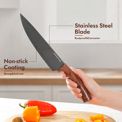 Seven-Piece Kitchen Knife Set with Five Dark Blades, Scissors, Wood-Look Handles and Storage Block