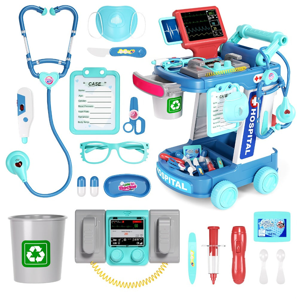 Kids Doctor Kit with Medical Cart Set, Movable Toy Trolley, Stethoscope, Thermometer & Accessories