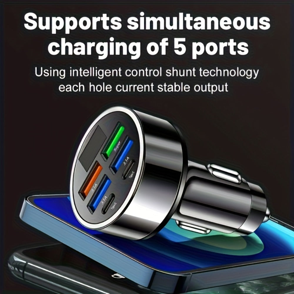 6-in-1 Car Charger 2-Pack with Ambient Light & Voltage Display, Dual PD Fast Charge + QC3.0 + 4 USB Ports Matte Finish