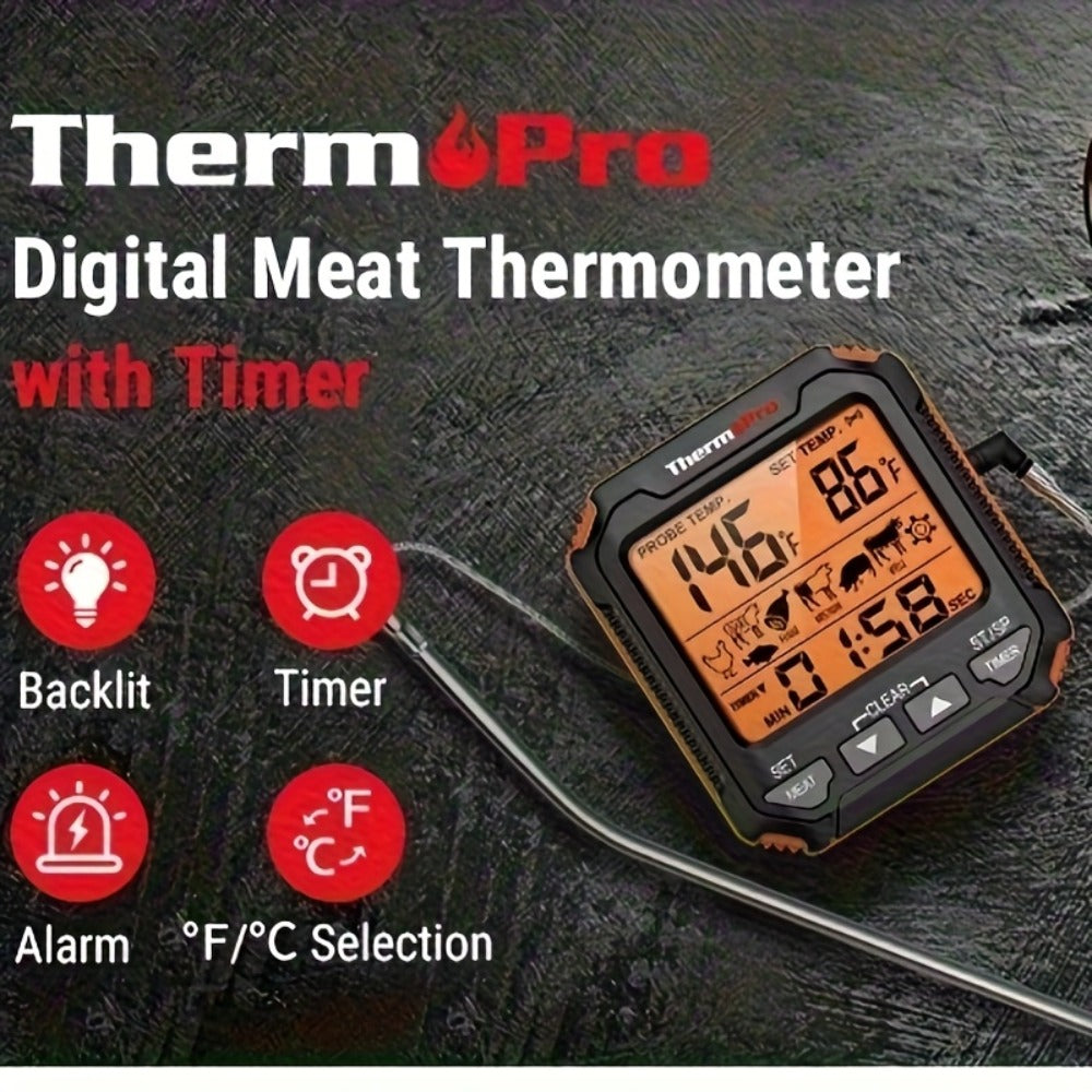 Digital Meat Thermometer with Probe Backlit Display Temp Alert for BBQ Smoker Oven Cooking for Grilling, Camping and Outdoor Meals