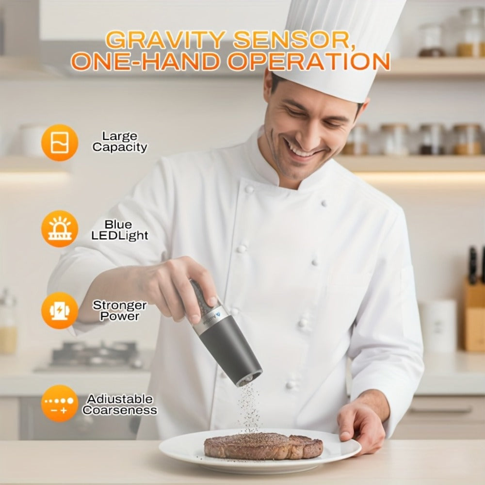Electric Salt and Pepper Grinder Set with Two Black Gravity-Activated Mills, LED Lights and Grind Dial