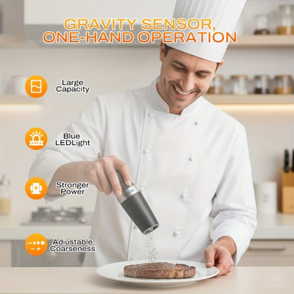 Electric Salt and Pepper Grinder Set with Two Black Gravity-Activated Mills, LED Lights and Grind Dial