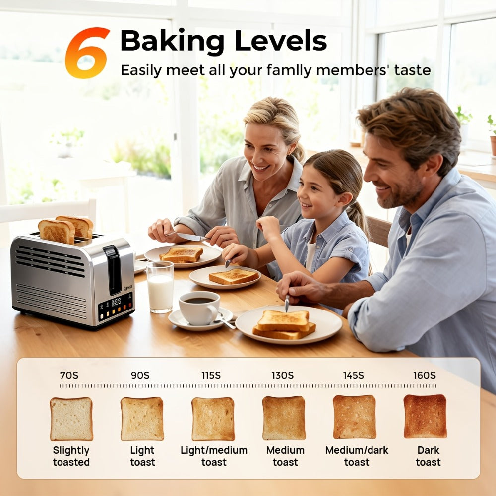 Toaster 2-Slice Stainless Steel Smart Touchscreen, 5 Bread Types, 6 Browning Levels, Wide Slots, Temperature Control