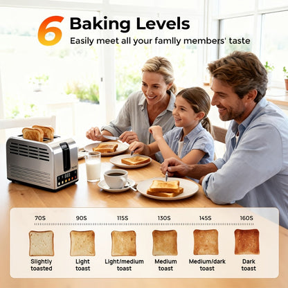 Toaster 2-Slice Stainless Steel Smart Touchscreen, 5 Bread Types, 6 Browning Levels, Wide Slots, Temperature Control