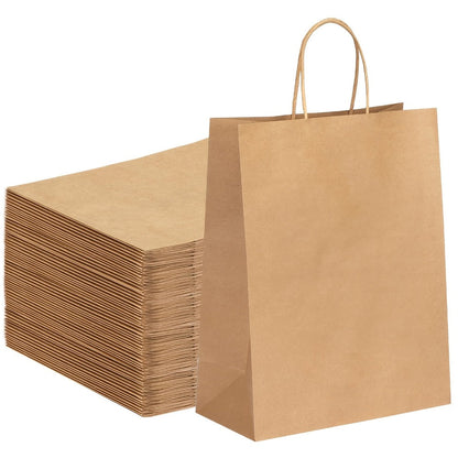 Gift Bag Set Large Brown Kraft Paper, 100 Bags with Twisted Handles, 112G Paper and 10 x 5 x 13 Inch Size