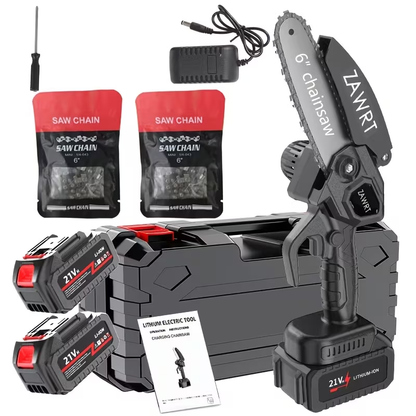 Electric Mini Chainsaw 6-Inch with Debris Guard & Toolbox - Cordless Handheld Pruning Saw with Safety Lock